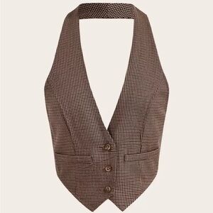 Button-Front Waistcoat Vest in Brown and Beige Plaid Size M